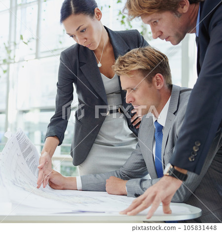 Architecture, coworkers with blue print and planning construction of building or project together. Teamwork or collaboration, strategy or ideas and architect colleagues with paperwork or design Architecture, coworkers with blue print and planning construction of building or project together. Teamwork or collaboration, strategy or ideas and architect colleagues with paperwork or design 105831448