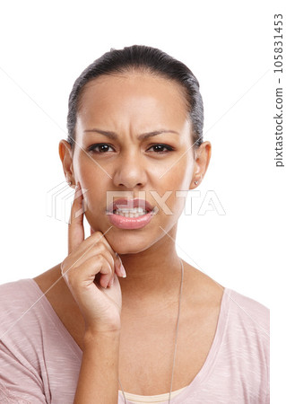 Thinking, confused and frustrated, portrait of black woman with stressed look on face isolated on white background. Doubt, choice and crisis decision, woman with stress trying to remember in studio. 105831453