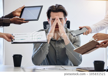 Man, business and employee with stress, multitasking or chaos with crisis, deadline or schedule. Male person, consultant or agent with depression, anxiety or mistake with documents, audit or pressure 105831521