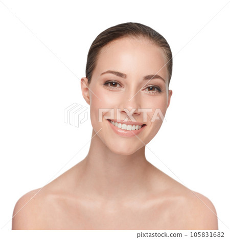 Portrait, beauty and woman with a smile, dermatology and cosmetics isolated against a white studio background. Face, female person and model with happiness, grooming and salon treatment with luxury 105831682