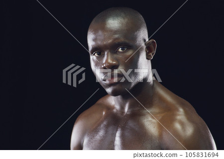 Bodybuilder, fitness and portrait of black man with sweat on dark background for workout, exercise and training. Sports, strong body and face of serious male person with power, motivation and focus 105831694