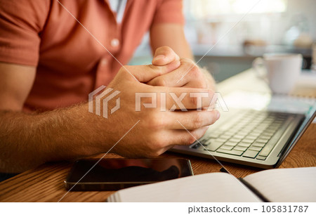 Man hands, laptop and book for remote work, planning or research in the kitchen. Businessperson, working or entrepreneur with a notebook and computer at a table in the morning in a house Man hands, laptop and book for remote work, planning or research in the kitchen. Businessperson, working or entrepreneur with a notebook and computer at a table in the morning in a house 105831787