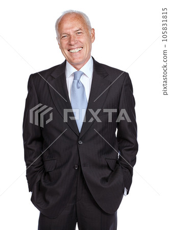 Portrait, business and senior man with smile, leadership and confident ceo isolated on white studio background. Male employee, entrepreneur and leader with happiness, marketing manager and corporate 105831815