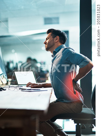Red back pain, stress and business man with muscle injury, health risk and fatigue in desk chair. Uncomfortable employee with spine problem, bad posture and injured body from anxiety, burnout or sick 105831823