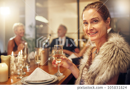 Portrait, senior woman and champagne, event and celebration for achievement, dinner gala and smile. Mature female, happy elderly lady and party with alcohol, elegant and glamour with stylish outfit 105831824