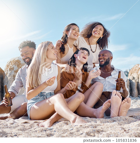 Good friends equal a lifetime of memories. Shot of a group of friends enjoying their time together at the beach. Good friends equal a lifetime of memories. Shot of a group of friends enjoying their time together at the beach. 105831836