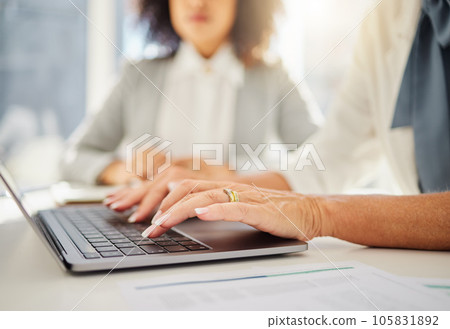 Laptop, closeup and hands of business woman in office for research, planning and email. Website, online and technology with female employee typing corporate report for idea, internet and digital 105831892