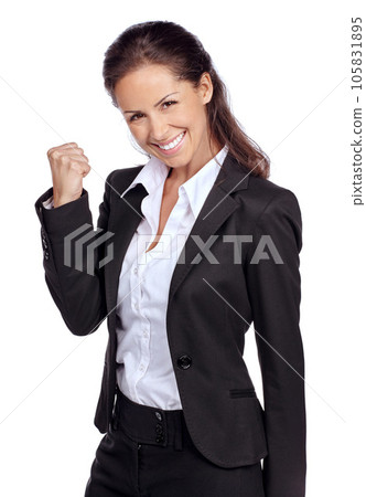 Business woman, success in portrait with achievement in career, winner and champion isolated on white background. Yes, corporate employee goals and mindset with fist pump and happy woman celebrate Business woman, success in portrait with achievement in career, winner and champion isolated on white background. Yes, corporate employee goals and mindset with fist pump and happy woman celebrate 105831895