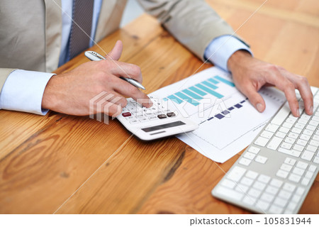 Hands, closeup and man with calculator, charts and keyboard with planning, budget and documents. Male person, accountant and employee with paperwork, economy and inflation with investment and taxes 105831944