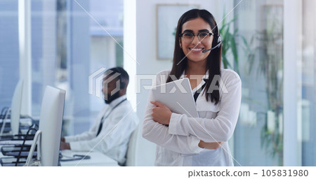 Call center, business woman and portrait with tablet for web support help in a office. Happiness, company and telemarketing employee with a smile of Indian female person ready for phone consulting 105831980