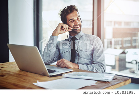 Happy businessman, laptop and call center headphones for customer service or financial advice at office. Friendly man person or consultant agent talking on headset in online consulting at workplace 105831983