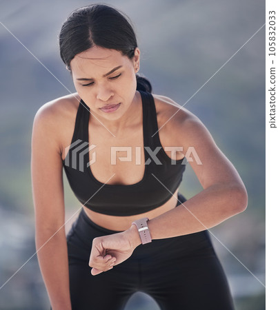 Running, woman and check smart watch outdoor for time, heart rate and fitness. Sports runner, workout and clock on stopwatch tech for performance app, exercise progress and results of cardio training Running, woman and check smart watch outdoor for time, heart rate and fitness. Sports runner, workout and clock on stopwatch tech for performance app, exercise progress and results of cardio training 105832033