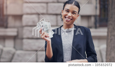Business woman, city and cash in street portrait with smile, winning or success with profit, bonus or reward. African businesswoman, money or winner with happiness outdoor for stock market investment Business woman, city and cash in street portrait with smile, winning or success with profit, bonus or reward. African businesswoman, money or winner with happiness outdoor for stock market investment 105832072
