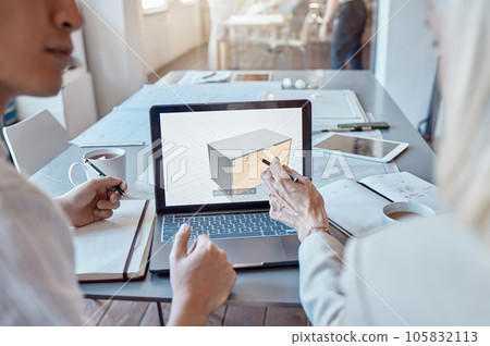 Architect, design engineer or contractor pointing to a 3d digital model on a laptop screen, discussing a plan or idea with a colleague in a meeting. Two business people talking about a work project 105832113