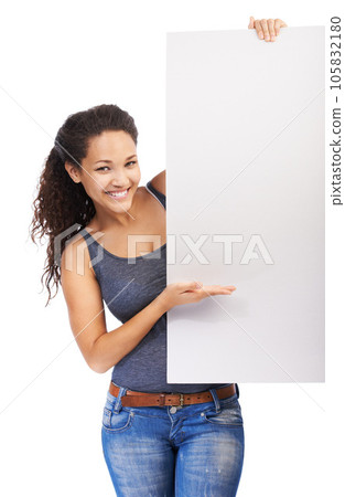 Empty, advertising and portrait of woman with poster for blank product placement and copy space signboard. Isolated black woman with poster mockup at white background for marketing. Empty, advertising and portrait of woman with poster for blank product placement and copy space signboard. Isolated black woman with poster mockup at white background for marketing. 105832180