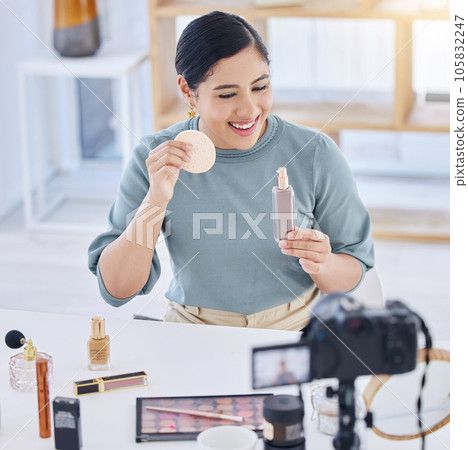 Makeup, influencer, camera and happy woman streaming tutorial for cosmetics, social media or skincare. Foundation, live stream and content creator with smile, product broadcast and beauty channel Makeup, influencer, camera and happy woman streaming tutorial for cosmetics, social media or skincare. Foundation, live stream and content creator with smile, product broadcast and beauty channel 105832247