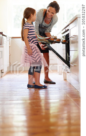 Mom, oven or kid baking in kitchen as a happy family with a young girl learning cookies recipe at home. Cake muffins, smile or mom helping or teaching daughter to bake in stove for child development 105832297