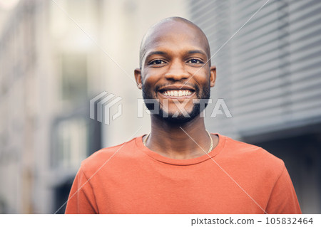 .Black man, smile and portrait outdoor on a city street with a positive mindset, confidence and freedom. Face of a happy african person or student on an urban road with casual style for travel. 105832464