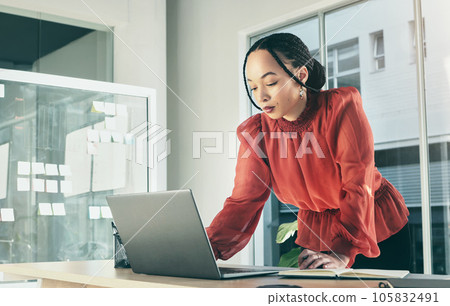 Woman in office on laptop, research and brainstorming on website for business plan, ideas or proposal process. Thinking, internet search and businesswoman on computer with online notes at startup. 105832491