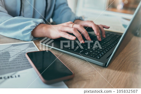 Laptop, technology and woman hands typing UX webdesign, online project development or research website design. SEO designer, social media traffic and closeup person working on company search engine 105832507