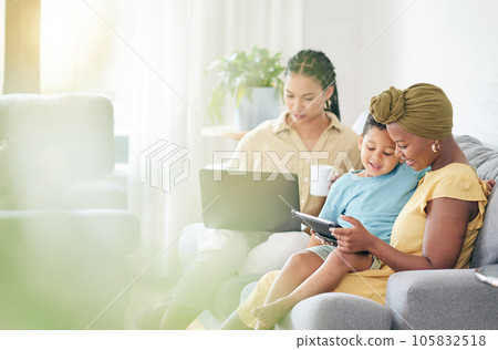 Reading kid, tablet and family home, mom and bisexual people search social media, studying e learning and ebook story. LGBTQ, online knowledge app or relax non binary woman teaching child on sofa Reading kid, tablet and family home, mom and bisexual people search social media, studying e learning and ebook story. LGBTQ, online knowledge app or relax non binary woman teaching child on sofa 105832518