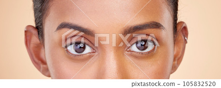 Skincare portrait, vision and eyes of woman with microblading results, eyesight care or closeup contact lens. Beauty eyebrow routine, spa studio cosmetics or face of makeup person on brown background 105832520