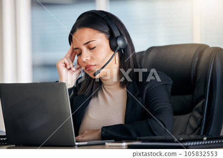 Tired woman, call center and headache in stress, mistake or client problem on laptop at office desk. Frustrated female person or consultant agent in bad head pain, anxiety or burnout at the workplace Tired woman, call center and headache in stress, mistake or client problem on laptop at office desk. Frustrated female person or consultant agent in bad head pain, anxiety or burnout at the workplace 105832553