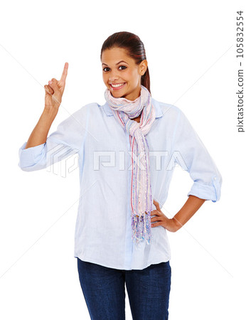 Woman, portrait and hand pointing up on isolated white background at promotion mockup or marketing space. Smile, happy and fashion model and showing hand gesture at sales, deal or advertising mock up 105832554