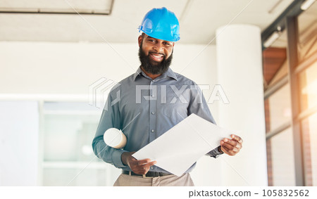 Architecture man, portrait and floor plan in office construction, planning and project management. Renovation, property blueprint and happy african person with sketch or design ideas for engineering Architecture man, portrait and floor plan in office construction, planning and project management. Renovation, property blueprint and happy african person with sketch or design ideas for engineering 105832562