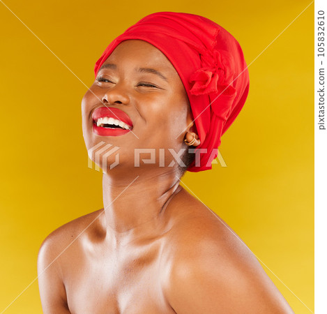Beauty, African and black woman with makeup and head wrap with smile isolated in yellow studio background. Happy, skin and skincare by young female person scarf for dermatology, wellness or cosmetics Beauty, African and black woman with makeup and head wrap with smile isolated in yellow studio background. Happy, skin and skincare by young female person scarf for dermatology, wellness or cosmetics 105832610