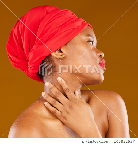 Beauty, makeup and profile with face of black woman in studio for cosmetics, creative and pride. Skincare, salon and red lipstick with female model on brown background for wellness, self care or glow 105832637