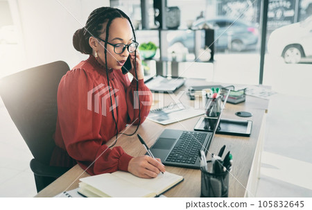 Phone call, writing and business woman in office for planning, schedule or research. Calendar, networking and administration with female employee in agency for communication, technology or connection 105832645