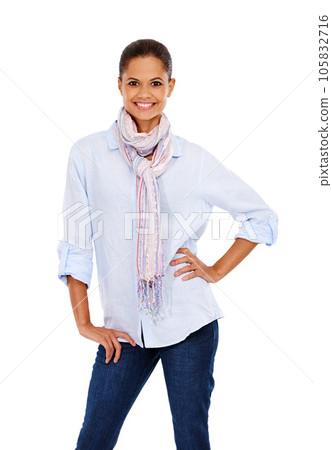 Portrait, fashion and advertising with a model black woman in studio isolated on a white background standing hand on hip. Marketing, stye and attitude with an attractive young female on blank space 105832716