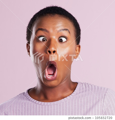 Woman, squinting and portrait in pink studio background with closeup in africa on emoji. Female person, face and squint eyes with funny expression for comedy with goofy girl with joy and humour. Woman, squinting and portrait in pink studio background with closeup in africa on emoji. Female person, face and squint eyes with funny expression for comedy with goofy girl with joy and humour. 105832720
