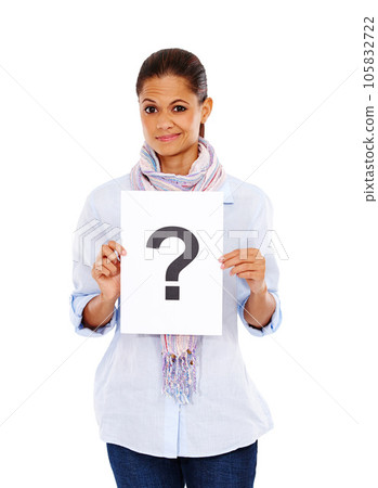 Question mark, marketing and portrait of a woman with a poster for branding isolated on a white background in studio. Paper, decision and employee confused about advertising a question on a sign Question mark, marketing and portrait of a woman with a poster for branding isolated on a white background in studio. Paper, decision and employee confused about advertising a question on a sign 105832722