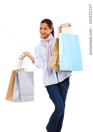 Happy woman, shopping bag and studio portrait with white background, isolated mockup and mall sales. Rich customer, model and shop in retail market, discount promotion and luxury store brand offer Happy woman, shopping bag and studio portrait with white background, isolated mockup and mall sales. Rich customer, model and shop in retail market, discount promotion and luxury store brand offer 105832727