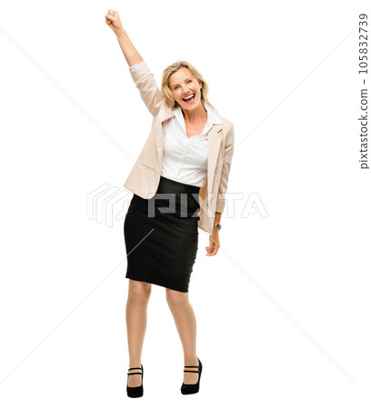 Portrait, smile and mature woman with fist of celebration in studio for good news or promotion against white background. Happy, excited and and lady winner with hands for yes, announcement or vote 105832739