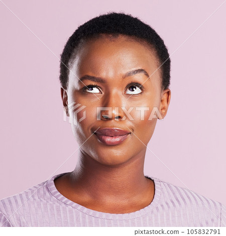 Woman, annoyed and face in pink studio background with skin in africa for emoji. Female person, silly and faces with eye roll with thinking expression for beauty and skincare with smile for youth. Woman, annoyed and face in pink studio background with skin in africa for emoji. Female person, silly and faces with eye roll with thinking expression for beauty and skincare with smile for youth. 105832791