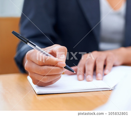 Putting pen to paper...Closeup image of a businesswoman writing in a notebook. 105832801