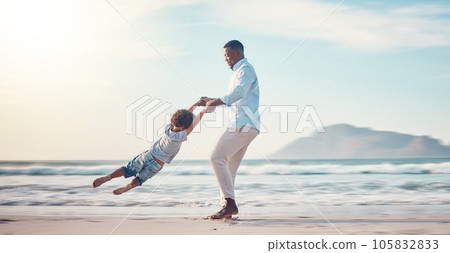 Travel, spinning and father with son at beach for bonding, support and summer break. Happy, playing and vacation with black man and child swinging together for happiness on holiday trip with mockup 105832833
