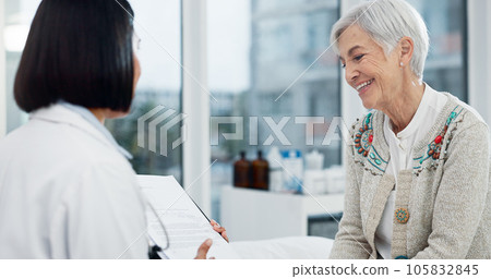 Senior woman, doctor and happy for results at consultation with paperwork, report or progress for healthcare. Medic, elderly patient and checklist in office for trust, health and advice at hospital Senior woman, doctor and happy for results at consultation with paperwork, report or progress for healthcare. Medic, elderly patient and checklist in office for trust, health and advice at hospital 105832845