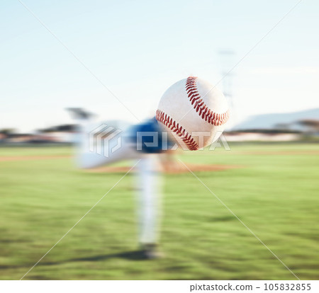Baseball, ball and closeup of person pitching outdoor on a sports pitch for performance and competition. Professional athlete or softball player throw for a game, training or challenge on a field 105832855