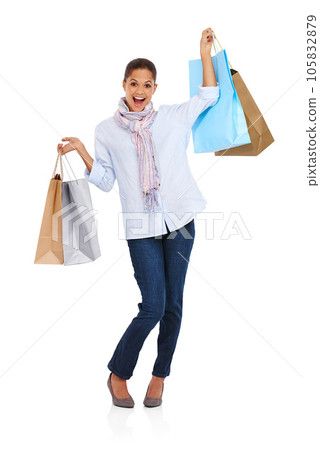 Excited, woman and retail bags portrait of a model excited after retail, discount and sale deal bag. White background, isolated and happiness of customer shopping with vertical mockup and happy smile 105832879