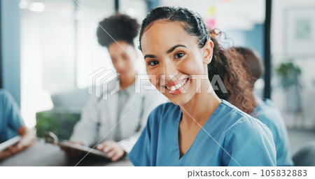 Worker, face or nurse in hospital meeting for medical student, life insurance medicine or treatment training. Smile, happy or healthcare woman in portrait, teamwork collaboration or clinic planning 105832883