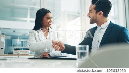 Businessman, woman and signature with handshake for contract, hiring or legal agreement on document at office. Asian man shaking hands with female person for partnership or recruiting at workplace Businessman, woman and signature with handshake for contract, hiring or legal agreement on document at office. Asian man shaking hands with female person for partnership or recruiting at workplace 105832953