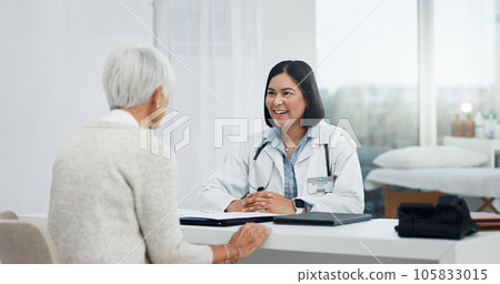 Healthcare, talking and a doctor with a senior woman, shoulder pain problem and support in an office. Hospital, consulting and a female nurse speaking to an elderly patient about medical advice Healthcare, talking and a doctor with a senior woman, shoulder pain problem and support in an office. Hospital, consulting and a female nurse speaking to an elderly patient about medical advice 105833015