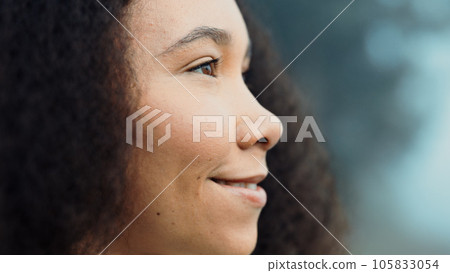 Face, happy and woman in nature, thinking and vacation in the woods to relax. Ideas, calm and facial closeup of a young girl on a holiday, camping and with confidence on a misty morning with a smile Face, happy and woman in nature, thinking and vacation in the woods to relax. Ideas, calm and facial closeup of a young girl on a holiday, camping and with confidence on a misty morning with a smile 105833054