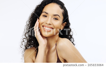 Woman, skin or touching face on isolated white background in skincare, collagen success or dermatology treatment. Smile, happy or beauty model portrait in natural makeup, cosmetics or hairstyle pride 105833064