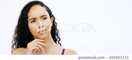 Confused model, face or thinking on isolated white background of skincare, beauty or makeup brand choice. Doubt, portrait or woman with ideas, questions or choosing vision in mind change on mock up Confused model, face or thinking on isolated white background of skincare, beauty or makeup brand choice. Doubt, portrait or woman with ideas, questions or choosing vision in mind change on mock up 105833115