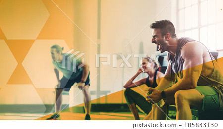 Overlay, fitness and group exercise in gym for health, wellness and strength. Workout, shouting and people, men and woman exercising, friends training and healthy practice together at sports club. 105833130